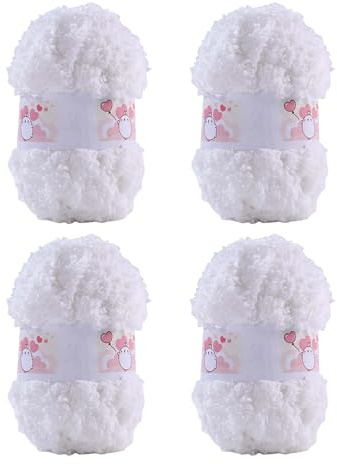 ACESOME 4 x 50g Plüsch Garn mit Fransen, flauschiges Kunstfellgarn zum Häkeln und Stricken (Mikrofaser, Weiß)