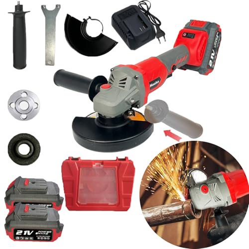 Hooha Winkelschleifer 125mm für Schneiden Holz 21V Akku-winkelschleifer Regelbare Drehzahl mit Hilfsgriff & Batterieanzeige Brushless Elektrowerkzeuge mit Ladegerät & 2× Akku & Koffer Professional