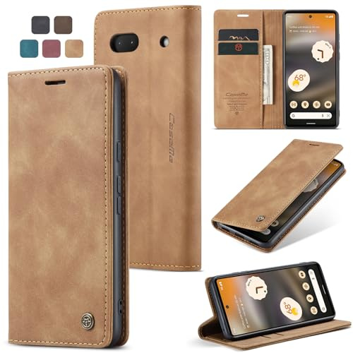 owlhold Handyhülle für Google Pixel 6A klapphülle Premium Lederhülle Weiches Vintage-Nubukleder Faltbare Handytasche Ständer Schutzhülle Kartenfach Standfunktion hülle Google Pixel 6A - Braun