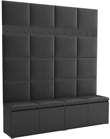 Brent - Garderobenschrank Flur Schwarz mit sitzbank 200 cm Breit Luton 2 - Multifunktionale Flurgarderobe Set mit Stauraum und Wandpaneel, Garderobe mit Sitzfläche und Kleiderhaken