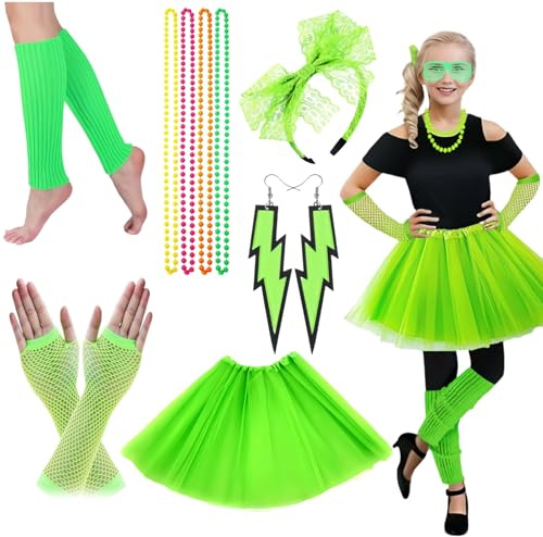 Ymoryiyi 80er 90er Jahre Outfit Damen Neon Kostüm Set mit Tutu, Netzhandschuhen, Stirnband, Ohrringen & Beinstulpen - Pinkes 80er Jahre Party Kostüm für Karneval, Fasching & Cosplay