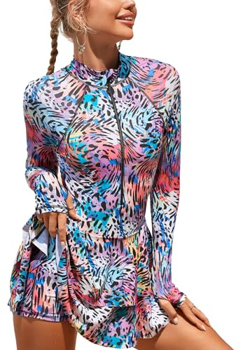 Ausing Mujer Traje de Baño de Surf de Manga Larga Rashguard 1 Pieza Traje de Baño Protección Solar Playa S-XL, Colorido., M