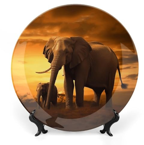 JTKBNVM Assiettes à dîner en porcelaine anglaise motif éléphant coucher de soleil pour parents et enfants, grandes assiettes décoratives de 15,2 cm pour présentation en céramique avec support de
