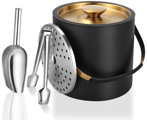Eiswürfelbehälter Edelstahl, 3.2L Moderner isolierter Eiskübel mit Silikondeckel, Eiszange, Eisschaufel, Sieb, Doppelwandiger Isolierter Eiskübel für Partys, Bier, Cocktailbar, Kühlen Wein, Champagner