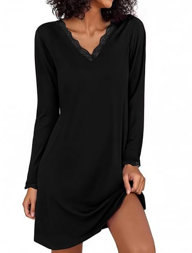 Demegimi Nachthemd Damen Langarm Schlafshirt Baumwolle Kurz Spitze Nachtkleid Winter Nachtwäsche