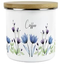 Purely Home Blooming Lovely Floral Coffee Storage Canister - Purple Flowers Patterned Kitchen Gifts - Medium Metal Enamel Container 600ml