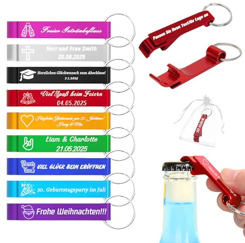Lot de 100 Décapsuleur Porte-Clés Personnalisé en Aluminium, Multifonctionnel Ouvre Bouteille, Gravure Texte/icônes/Datum/Name, Cadeau Mariage Événements Festivals Rassemblements (10)