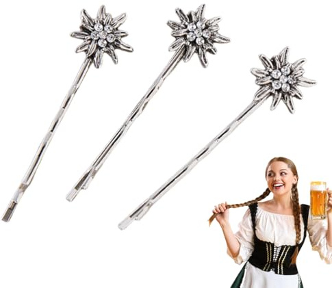 OUDQFCJ 3er-Set Trachten-Haarklammern Strass-Edelweiss (antik-silber-farben),Schneeglöckchen