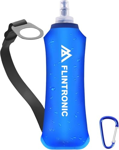 flintronic Gourde Souple, 250 ml/8.5oz TPU Flasque Running Pliable, Bouteille d'eau de Course, avec Dragonne et Mousquetons, pour Course à Pied, Randonnée, Cyclisme, Escalade, Bleu