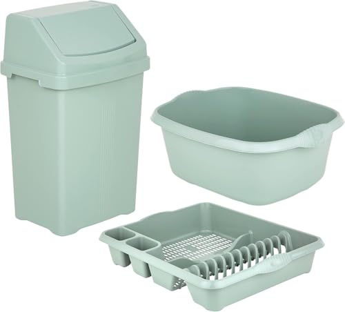 Eason Bros 3-Piece Plastic Kitchen Set – 50L Swing Bin, Dish Drainer & Washing Up Bowl for Home & Utility Use (Silver Sage)