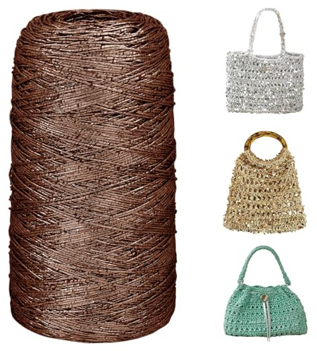 Uiopa Cordino per Borse Uncinetto, 200g/480m Filo Marrone Metallico Cordino Uncinetto, Corda Macrame 1mm Glitter Cordoncino per Borse, Cestini, Decorazioni, Artigianato
