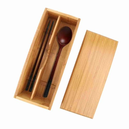 lvifloae Tableware Storage Box Woven Cutlery Organizer Vintage Style Decor Flatware Storage Case Wooden Utensil Holder with Lid for Chopsticks Spoon Fork Kitchen Counter Drawer