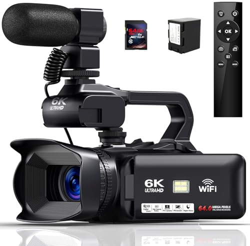 Delmodes Videokamera 6K 64MP Camcorder 18X Digital Zoom Vlogging Camera for YouTube, 4.0 Touch Screen HD WiFi Videokamera mit 4500mAh Battery, 64G SD-Karte, Stabilizer, Microphone and Remote