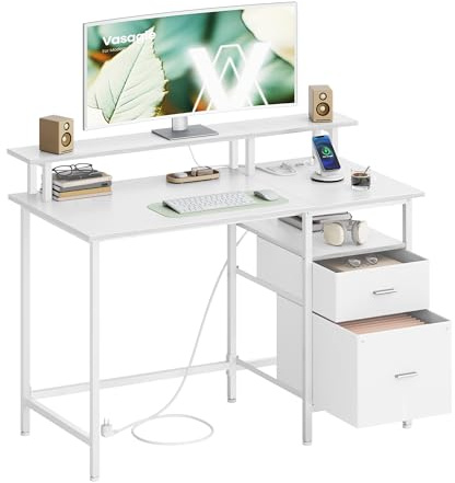 VASAGLE Escritorio, con Cajones de Tela, Mesa de Ordenador con Soporte para Pantalla, Regleta, 2 Puertos USB, para Oficina en Casa, 120 x 60 cm, Blanco Arce LWD093W01V1