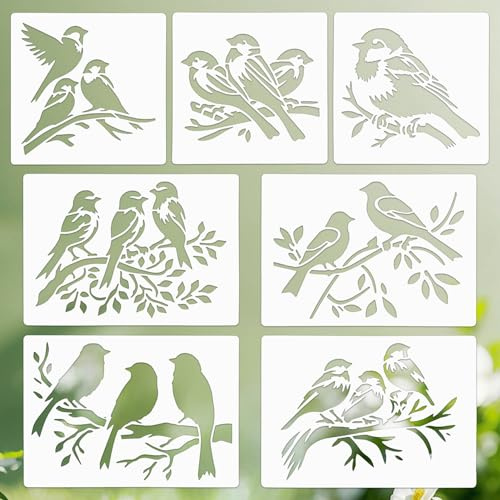 KEJOL, Juego de 7 plantillas con patrón de aves reutilizables, naturaleza, hojas florales, para manualidades, madera, lienzo, paredes, ventanas, tamaño pequeño