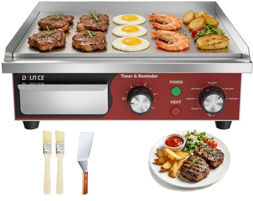 DULNICE - Plancha eléctrica de acero inoxidable 36 cm, 1700 W, plancha comercial, parrilla eléctrica con temporizador de recordatorio de 5 minutos, termostato ajustable, parrilla eléctrica de mesa