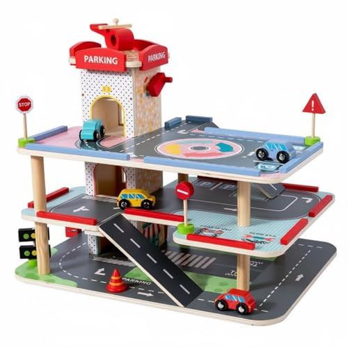 Colcolo Wooden Parking Garage Car Playset with Elevator Ramps Pretend Vehicle Play Educational Toy for Preschool Kids Boys Girls 3+