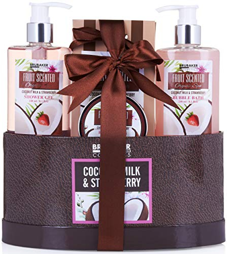 BRUBAKER Cosmetics Set de Baño y Ducha Leche de Coco y Fresa - Fragancia de Coco y fresa - Set de Belleza de 5 piezas en estuche - Set de Regalo para Mujer - Wellness Beauty Spa Kit