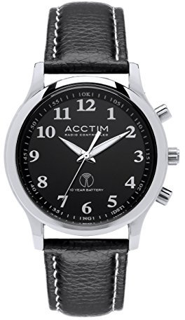 Acctim 60053 'Oro' Silver Finish Metal Case Radio Controlled Mens Watch on Black Leather 'Lychee' Strap