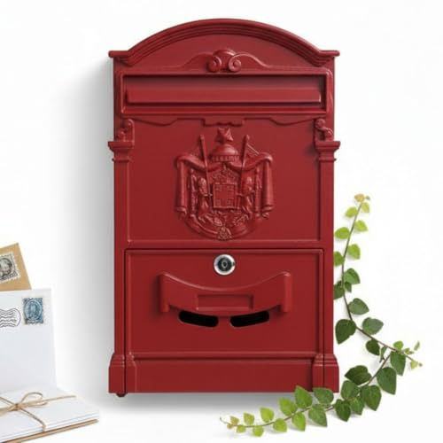 Melko Retro Briefkasten mit A4 Einwurf-Format, Aluguss und Stahl, ca. 25,5 x 8,6 x 41 cm, Rot