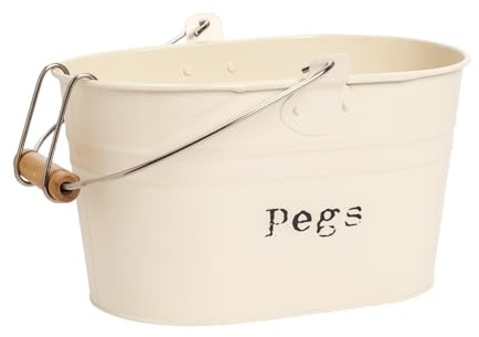 Harbour Housewares Laundry Peg Bucket - Cream - Metal Vintage Storage Tub Laundry Clothes Peg Basket Storage Bucket with Handle & Hanging Hook for Clothes Airers, Dryers & Washing Lines