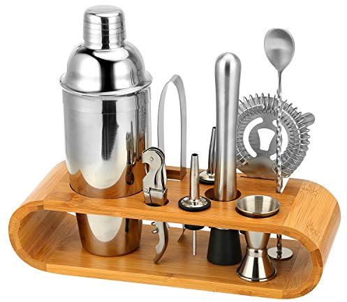 Hochwertiges Cocktailshaker Set, Cocktailmixer Set, 10 Teileig, aus Edelstahl, mit Bambus-Aufbewahrung, inkl. Cocktail-Shaker, Messbecher, Ausgießer, Bar Stößel, Bar Löffel, Eiszange, Öffner, Barmaß
