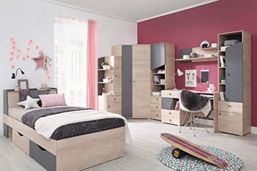 QMM TraumMoebel Jugendzimmer Kinderzimmer komplett Davis Set B Eckschrank Schreibtisch Bett 120x200 Regale