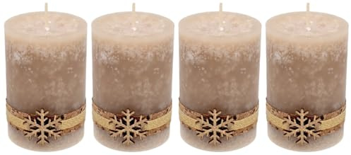 ZauberDeko 4 Adventskerzen Kerzen Stumpenkerzen Beige Schneeflocke Holz Advent Weihnachten Deko Tischdeko