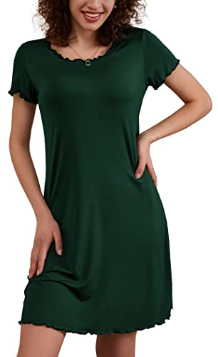 Ekouaer Nattlinne för damer, kortärmad, sommar, nattkläder, nattskjortor, nattklänning, t-shirt, sovkläder, sovskjorta med volanger, Mörkgrön, XXL