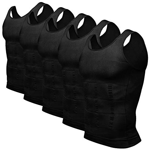 Odoland Mens 5 Pack Body Shaper Slimming Tummy Vest Compression Shirt Tank Top Shapewear, Black*5, M