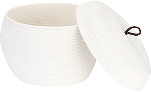 Sea Team Round Cotton Rope Storage Basket with Lid, Decorative Woven Storage Bin, Pot, Caddy, Organizer, Container for Snacks, Towels, Plants, 13 x 9 Inches (Large, White)