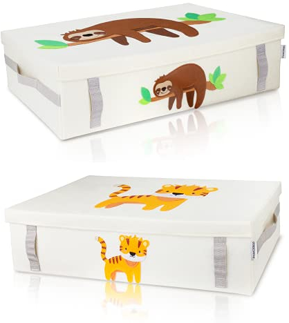 GRINSEZWERGE 2er-Set Spielzeugkiste zur Aufbewahrung unter dem Bett | Unterbettbox Kinder | Aufbewahrungsbox Kinder | große Spielzeugbox mit Deckel für Kinderzimmer | Unterbett Box Kiste flach