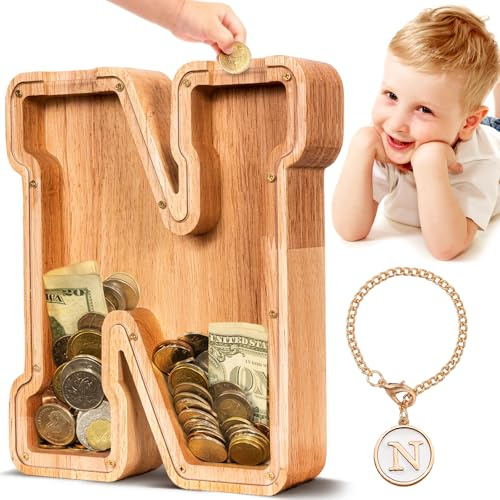 summidate Spardose Kinder Holz, Personalisierte Buchstabe Sparschwein N | Spardose Holzbuchstaben für Mädchen Jungen Initiale, Sparschwein Geschenk zum Geburtstag, Weihnachten und Kinderzimmer Deko