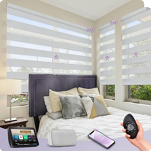 Graywind Elektrische Doppelrollo nach Maß, Wiederaufladbar Smart Duo Rollo Kompatibel mit Alexa Google, Fernbedienung Fensterrollo, Jalousien Lichtdurchlässig und Verdunkelnd, Luxury Silver White