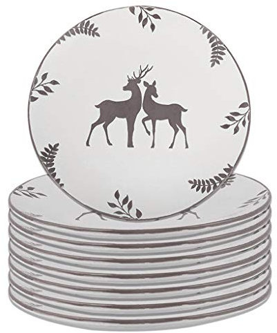 Set of 8 Dinner Plates - Hand Painted Grey & White Reindeer Stoneware Crockery Dishwasher & Microwave Safe Christmas Reindeer Dinnerware Set