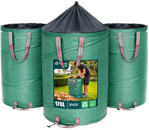 VOUNOT Pop Up Gartensack mit Griffen und Kordelzugverschluss 3er Set 170 L, Faltbarer Laubsack Selbstaufstellend Gartenabfallsack, Grün