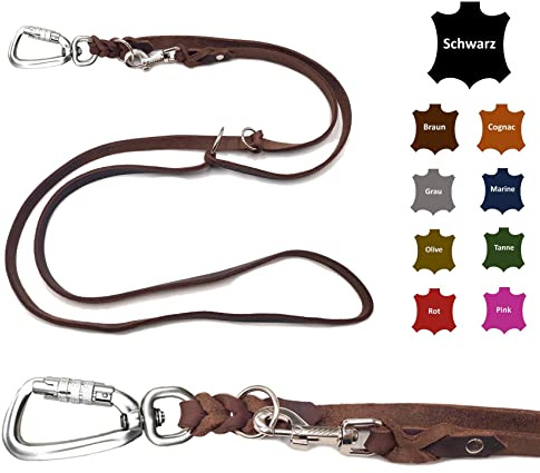 Hundeleine Fettleder mit Sicherheitshaken + Edelstahlringe/Hundeleine große Hunde/Hundeleine Leder bis 100Kg (Braun, 2,80m)