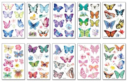 10 Blätter Tattoo Kinder mädchen,Temporäre Tattoos,Kinder Tattoo, Schmetterling Tattoos,Wasserdichte Tattoos,Tattoo Aufkleber,Tattoo Kinder Set,Cartoon Tattoos Set für Mädchen Kinder Geburtstag Party