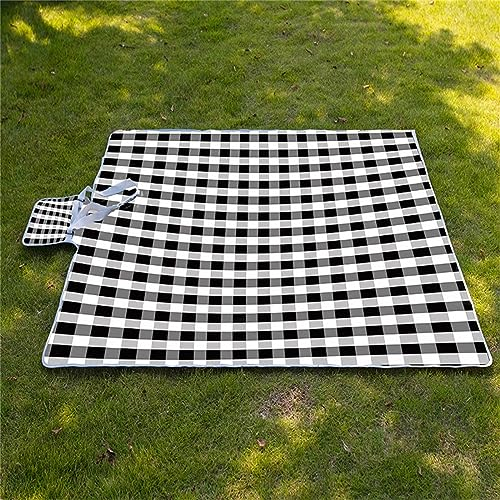 Picknickdecke Wasserdicht 200x300cm,Faltbare Tragbare Strandunterlage Picknickdecke,Ultraschall-Punktbügelprozess,Maschinenwaschbar Mehrzweck für Camping,Wandern,Park,Strand,Schwarz Weiß Kariert