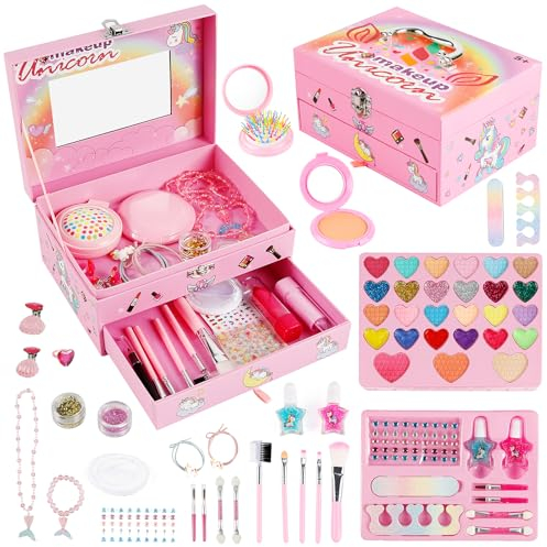 Comius Sharp Kinderschminke Set, Einhorn Schminkkoffer, Waschbar Schminke für Mädchen, Rollenspiel Spielzeug Geschenke für 6-12 Jahre