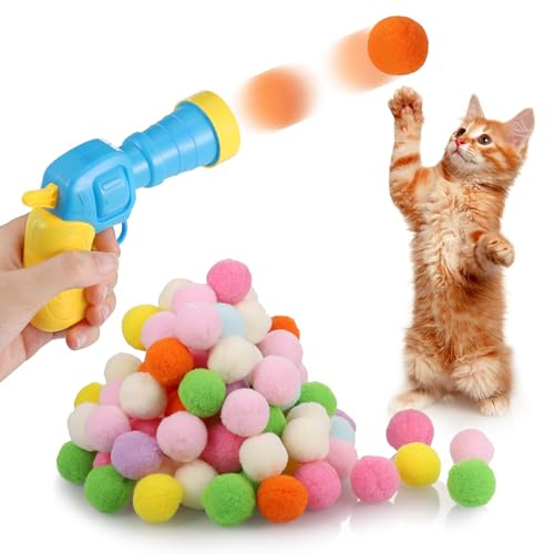 Zocipro 100pcs Balles de Jouet Chat pour Interieur Interactivité avec Lanceur,Peluche Balle Jouet Outils de Tir pour la Formation Sportive de Chat d'intérieur pour Animaux de Compagnie,Poursuite