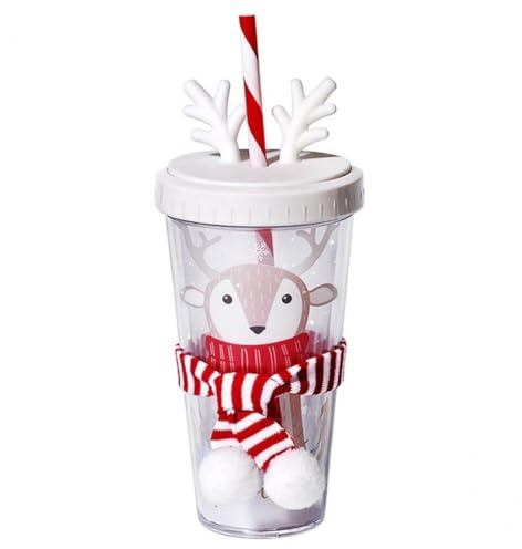 Fopytu Plastic Christmas Straw Cups with Cover Double Wall Ice Cup Bubble Tea Water Bottle Reusable Drinkware Cute