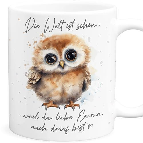 Die Welt ist schön weil du mit drauf bist Eulen Tasse personalisiert | Personalisiert, hochwertige Keramik, spülmaschinen- & mikrowellengeeignet, Eulentasse, Geschenke für Frauen