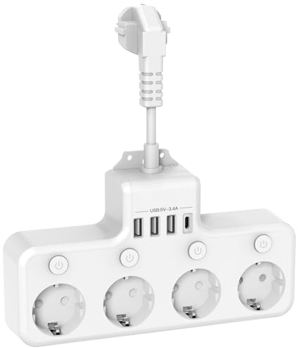 Afitdon Multipresa con 4 interruttori individuali, 8 in 1 USB Multiprese con 4 uscita AC e 1 tipo C e 3 porte presa USB multipla, scrivania,AC