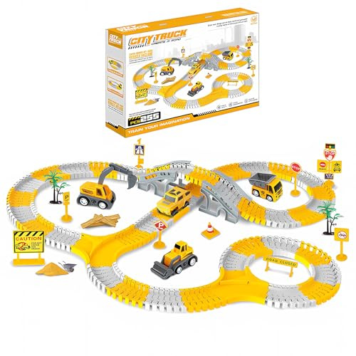 Construction Race Tracks Toys for Kids - 255-Piece Construction Car and Flexible Track Set Engineering Track Playset Gift for 3 4 5 6 Year Old Boys Girls