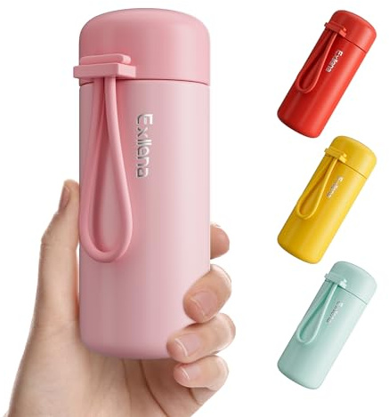 Exllena Small Flask 150ml Made of 304 Stainless Steel, Double Wall Vacuum Insulation for Hot&Cold Drinks, Mini Flask with Carry Handle - 100% Leakproof(Pink)