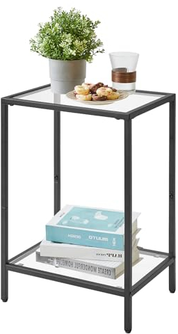 YMYNY Beistelltisch, Quadratischer Couchtisch, Sofatisch, Glastisch, Metallrahmen, aus gehärtetem Glas, transparent, für Wohnzimmer, Balkon, Büro, Schwarz HGD002B
