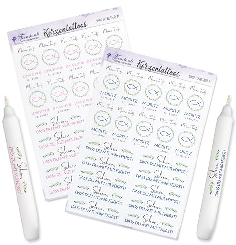 FEENSTAUB Kerzen Tattoos für die Taufe, personalisierte Gastgeschenk selber machen, Tischdeko, Aufkleber für Kerzen, Taufsymbol, DIY Taufkerze, Give-Aways gestalten, bedruckte Folie für Kerzen