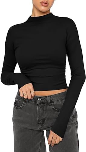 Women's Casual Crop Tops Cotton Slim Fit Top Mock Turtle Long Sleeve T-Shirt Basic Blouse Tee Tops(Black-g,M)