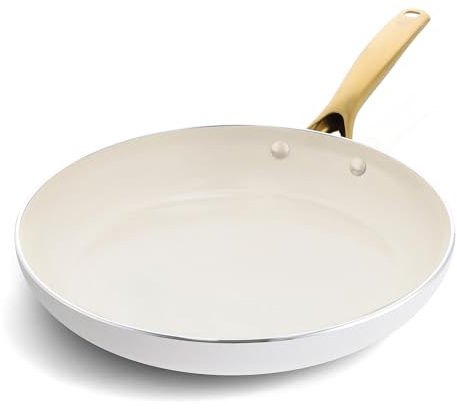 Blue Diamond 12 White Diamond Frying Pan Skillet, Gold-Tone Handle, Induction Suitable, Diamond Infused Ceramic Nonstick, PFAS-Free, Dishwasher Safe, Oven Safe, Mother's Day Gift, White